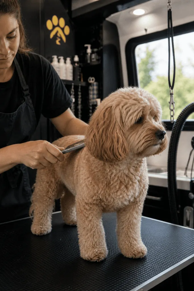 Groomer brushing out a cream goldendoodle standing on the table in the mobile grooming van