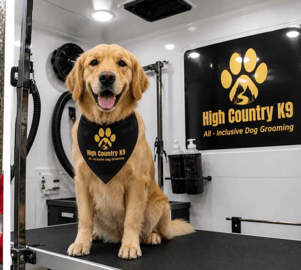 Golden Retriever in a High Country K9 bandana sitting on the grooming table inside the mobile van