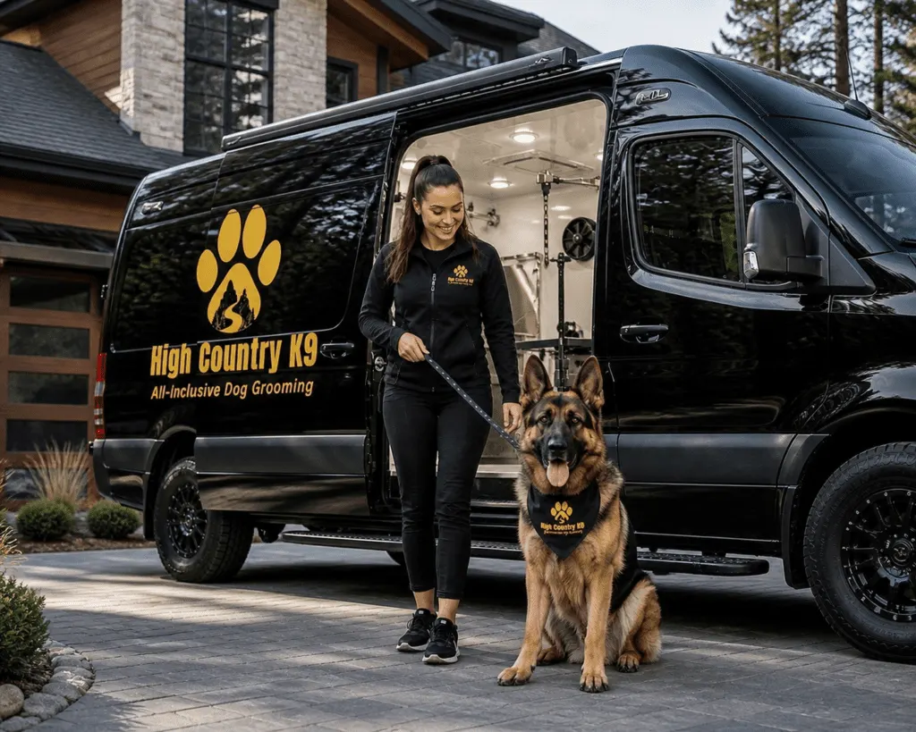 Groomer walking a German Shepherd on a leash away from the black High Country K9 grooming van in a driveway