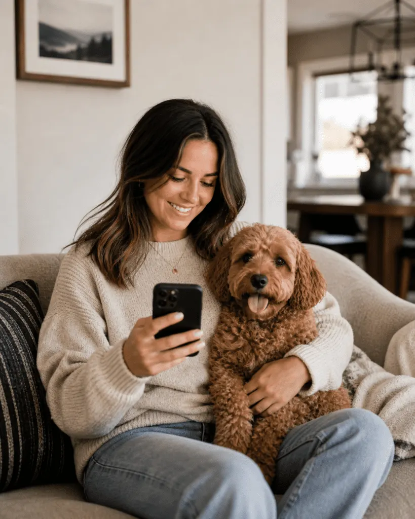 Dog owner booking a grooming appointment on her phone while her goldendoodle sits in her lap
