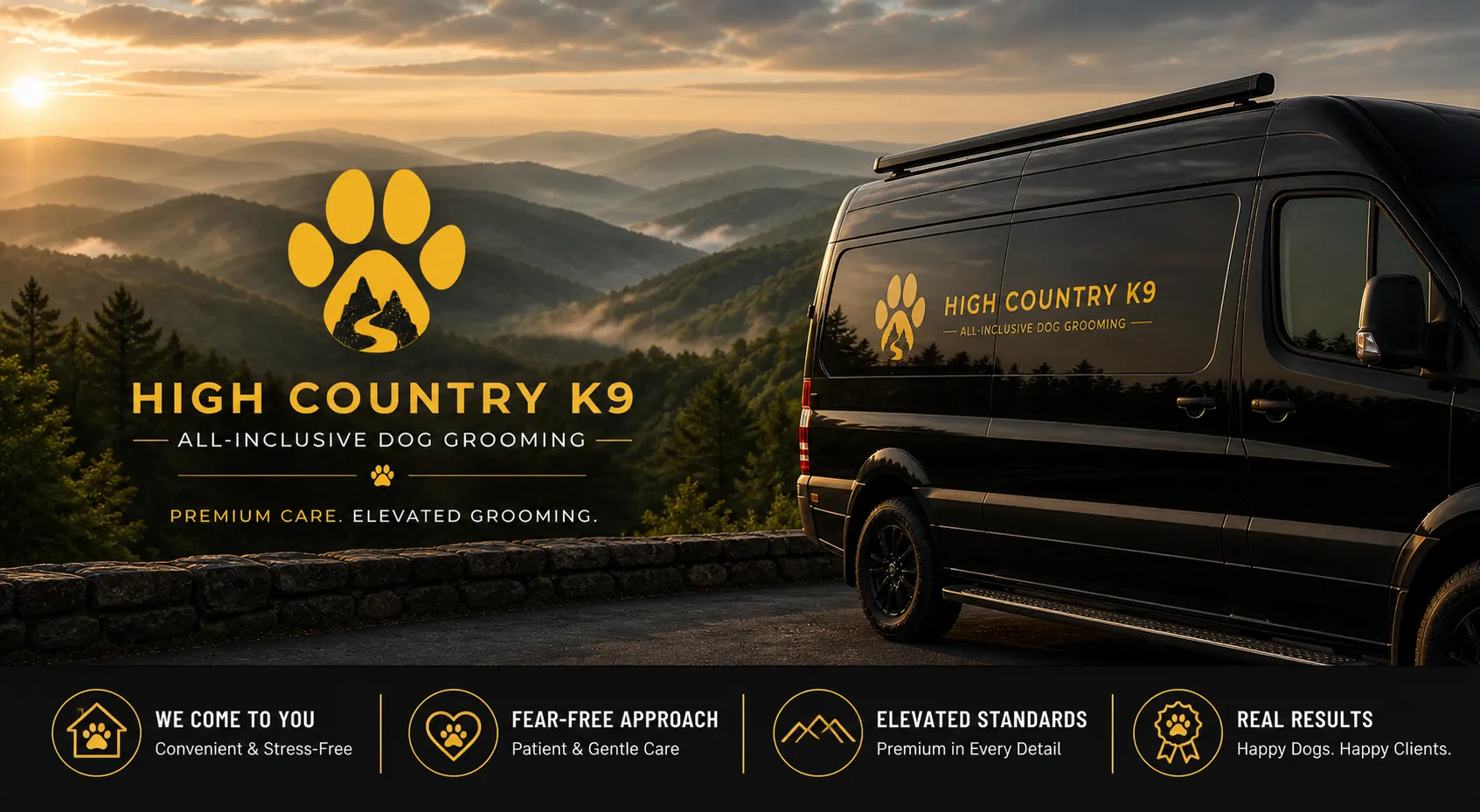 High Country K9 mobile grooming van on a mountain road, with the brand's fear-free, we-come-to-you promises